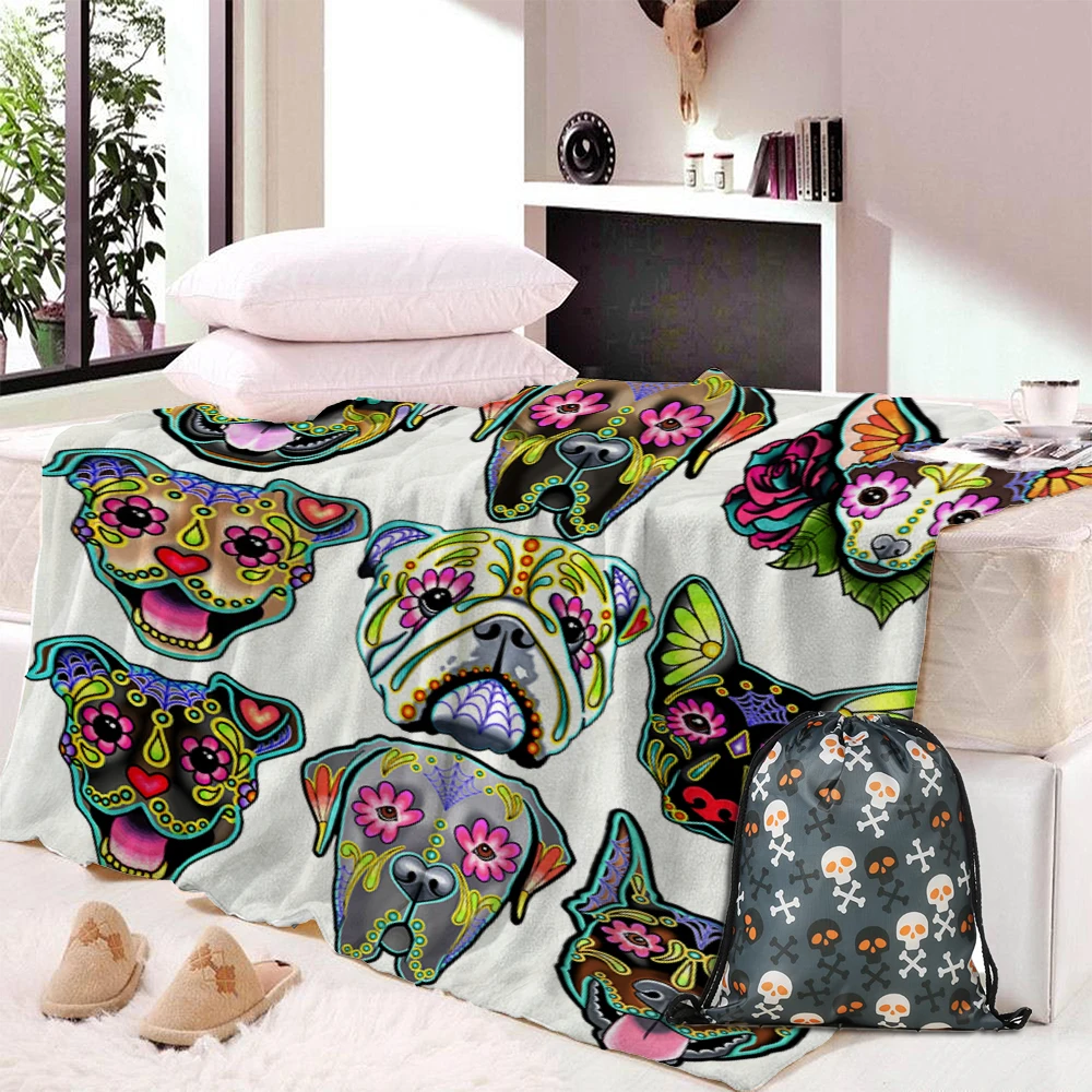 

Dropship Skull Dog Custom Printing Super Soft Cozy Velvet Plush Throw Blanket Modern Line Art Sherpa Blanket for Couch Travel