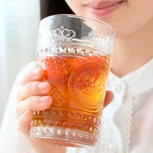 Винтажные тисненые стеклянные стаканы с короной, стакан для воды, большой стакан для воды, цветная маленькая бутылка для воды, вечерние стаканы, подарок другу