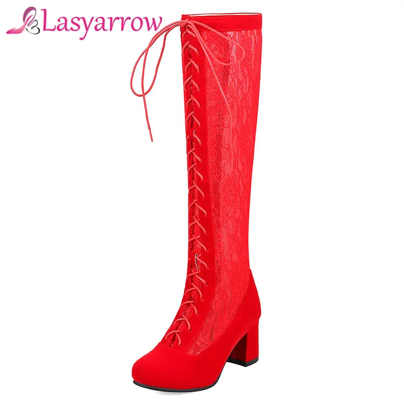

Lasyarrow Summer Style Knee High Boots Mesh Inside Knight Boots Rome Gladiator Chunky Botas Mujer Lacing Stretch Botas Mujer