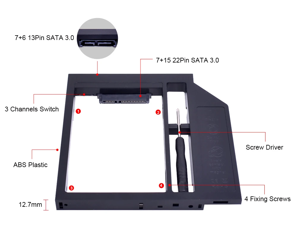 CHIPAL Универсальный 2nd HDD Caddy 12,7 мм SATA 3,0 для 2,5 ''2 ТБ жесткий диск SSD чехол Корпус для ноутбука CD-ROM Оптический отсек
