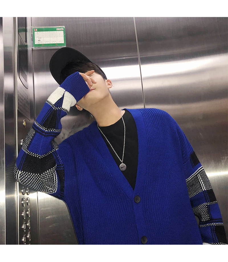 Korean Oversized Sweater Cardigan Men Plaid  (29)