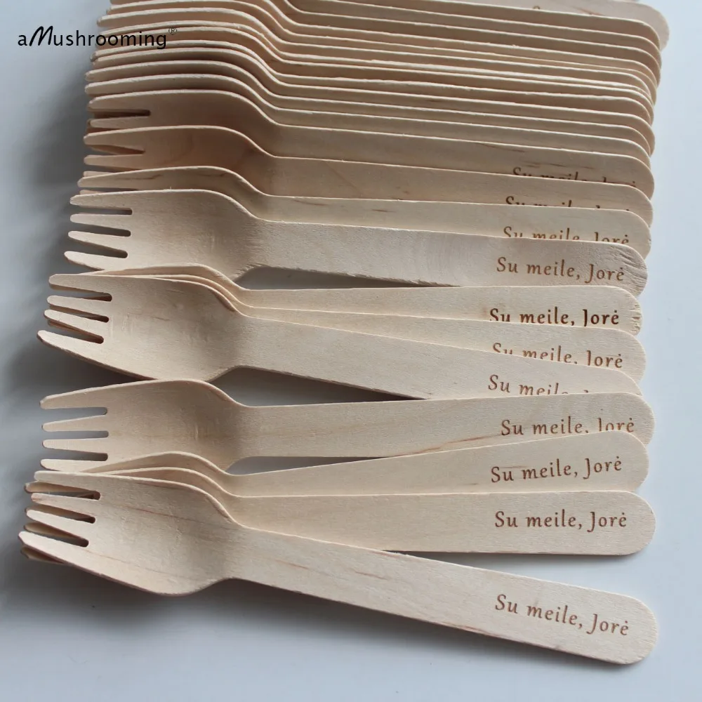 

Wooden Forks for Wedding Tablesettings. Handcrafted Personalize Text, Barouque Style Wooden Cutlery. Eco Friendly Party Utensils