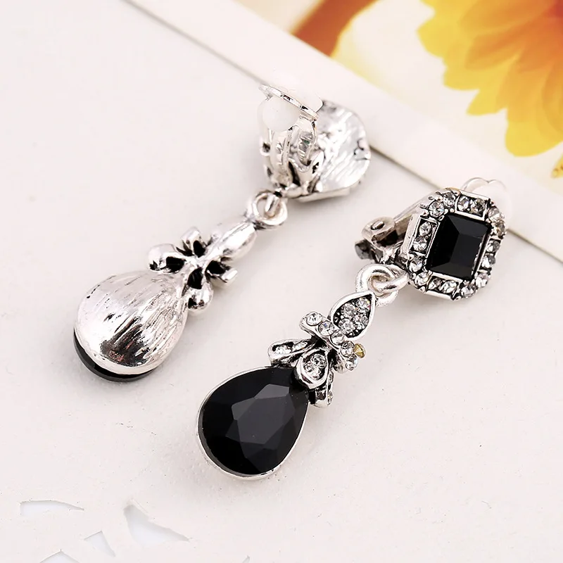 Black WaterDrop Clip Earrings Without Piercing Long for Women Resin Rhinestone Vintage Bohemia Style ear clip earrings,clip earrings,ear clip