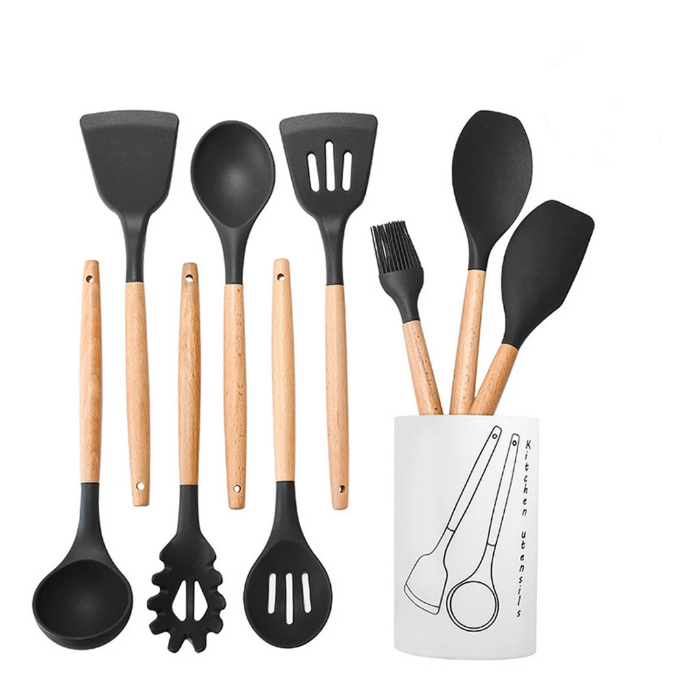 

10 Pcs Cooking Utensils Natural Hard Wood Handle Nonstick Silicone Cookware Soup Spoon Sets Spatula Oil Brush Kitchen tools