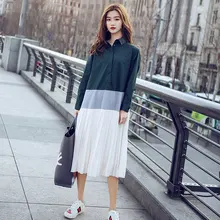 New Women's Shirt Dress Spring and Summer 2019 Fashion Vintage Stand Collar Contrast Color Loose A-Line Long Pleated Dress contrast collar and cuff grid dress