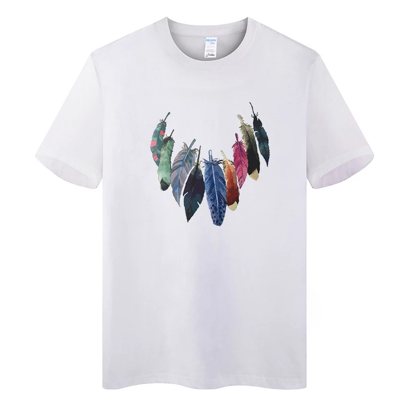 

EU Size 100% Cotton Custom T Shirt Feather Pattern Design Logo Text Photos Summer Tops Tee Paper Shirt for Men