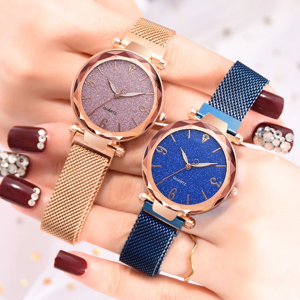 

Hot Selling Mesh Magnet Buckle Starry Sky Lady Watch Casual Luxury Geometric Surface Quartz Women Watches Relogio Feminino 2019