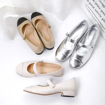 

MLJUESE 2019 women flats Soft Sheepskin Silver color round toe Mary Janes comfortable flats shoes spring autumn casual shoes
