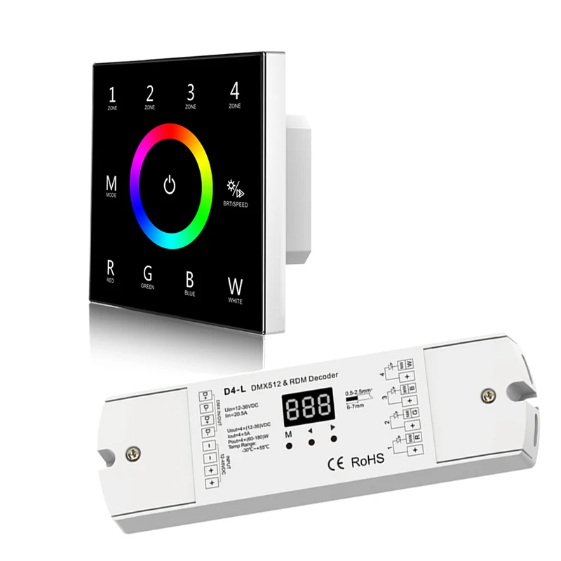 New Led DMX Master Controller 86mm Type Wall Mount Touch Panel And 5A 4 Channel DMX512 Decoder 120V-240V Rgbw RGB Strip Dimmer