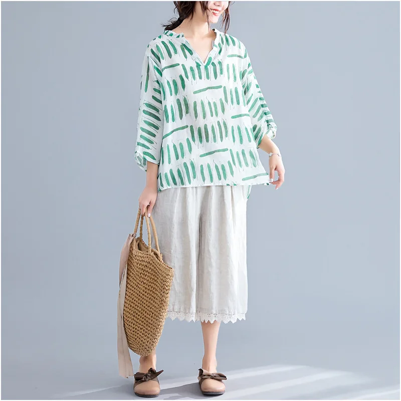 

Johnature 2019 Summer New Korean Loose Irregular Long Women Tops And Blouses V-neck Three Quarter Sleeve Plus Size Casual Shirts