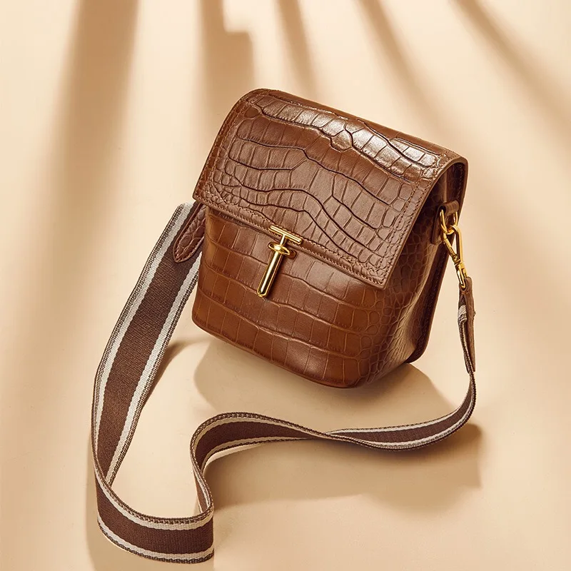 

Crocodile Pattern Genuine Cow Leather Women's Mini Bucket Purse Lanyard Belt Strap Lady Single Shoulder Bag Female Messenger Bag