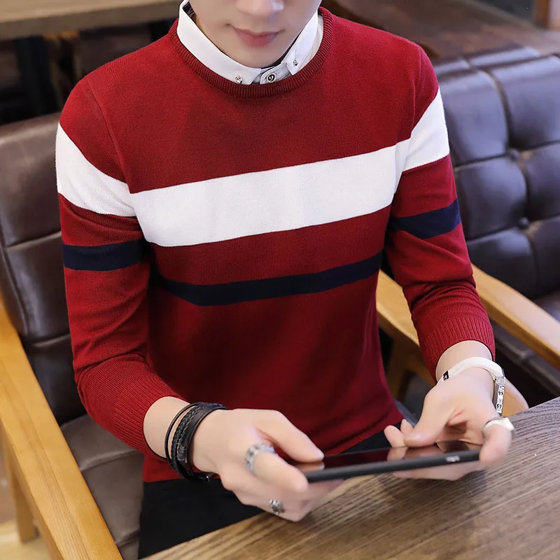 New Men Stripe Sweater Pullover Fake Two Pieces Shirt Neck Mens Slim Fit Knitwear Thin Sweaters Jumpers Tops | Мужская одежда