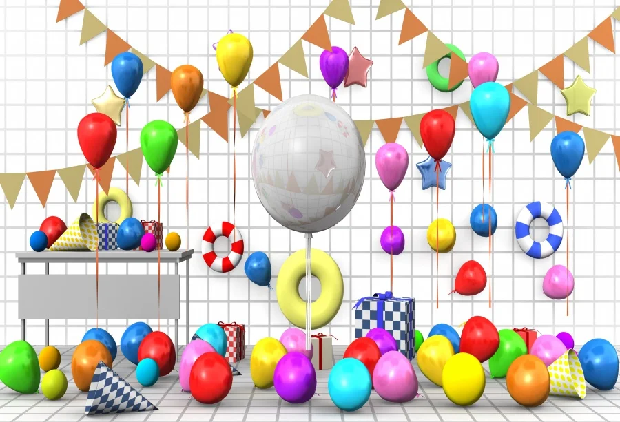 

Baby Cartoon Birthday Party Balloons Colorful Flag Celebration Child Portrait Photography Backdrop Photo Background Photo Studio