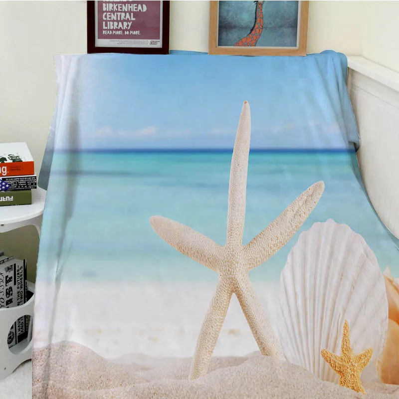 

Blanket plaid a blanket Plaids Warmth Soft Plush Beach starfish shell blue sea Plaids on the Sofa Bed Throw blanket Easy Care