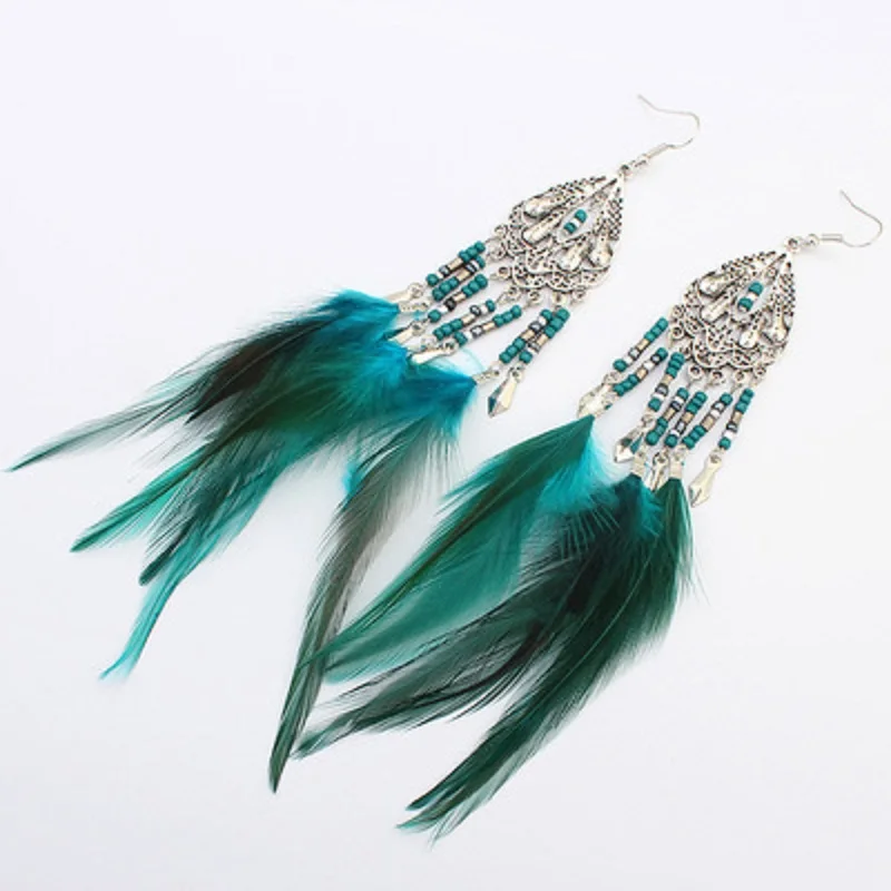 

Luzuzi Hollow Long Feather Earrings European and American Retro National Wind Millet Beads Tassel Earrings Ear Jewelry CR6488