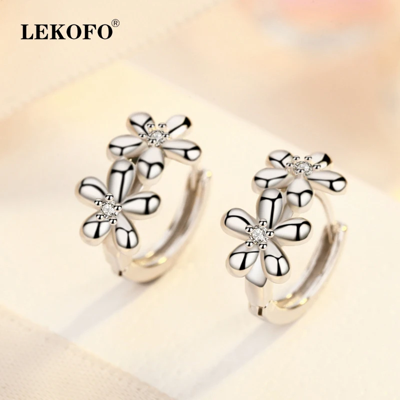 

LEKOFO New Fashion Cute Double Plum Flower Small Stud Earring Crystal Jewelry For Women 925 Sterling Silver Earrings
