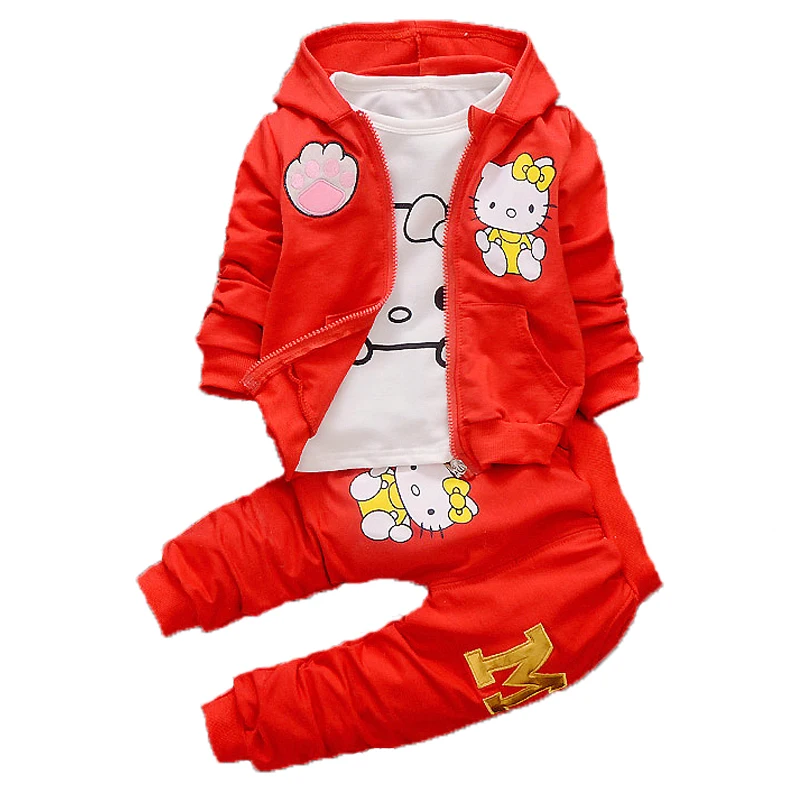 

2018 Autumn Hello Kitty Cartoon Baby Girls Clothes Sets little girls Hoodies Outerwear Tshirts +jacket+Pants Kids clothing Suit