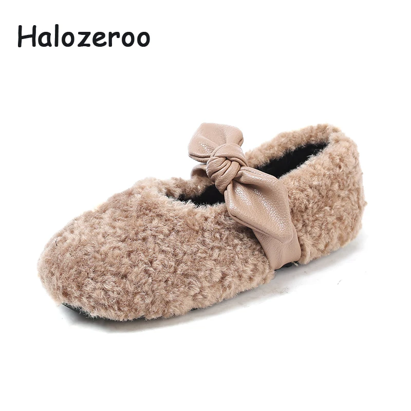 

New Winter Baby Girl Fur Black Shoes Kid Bow Soft Loafer Children Fashion Warm Genuine Leather Flats Brand Princess Moccasin