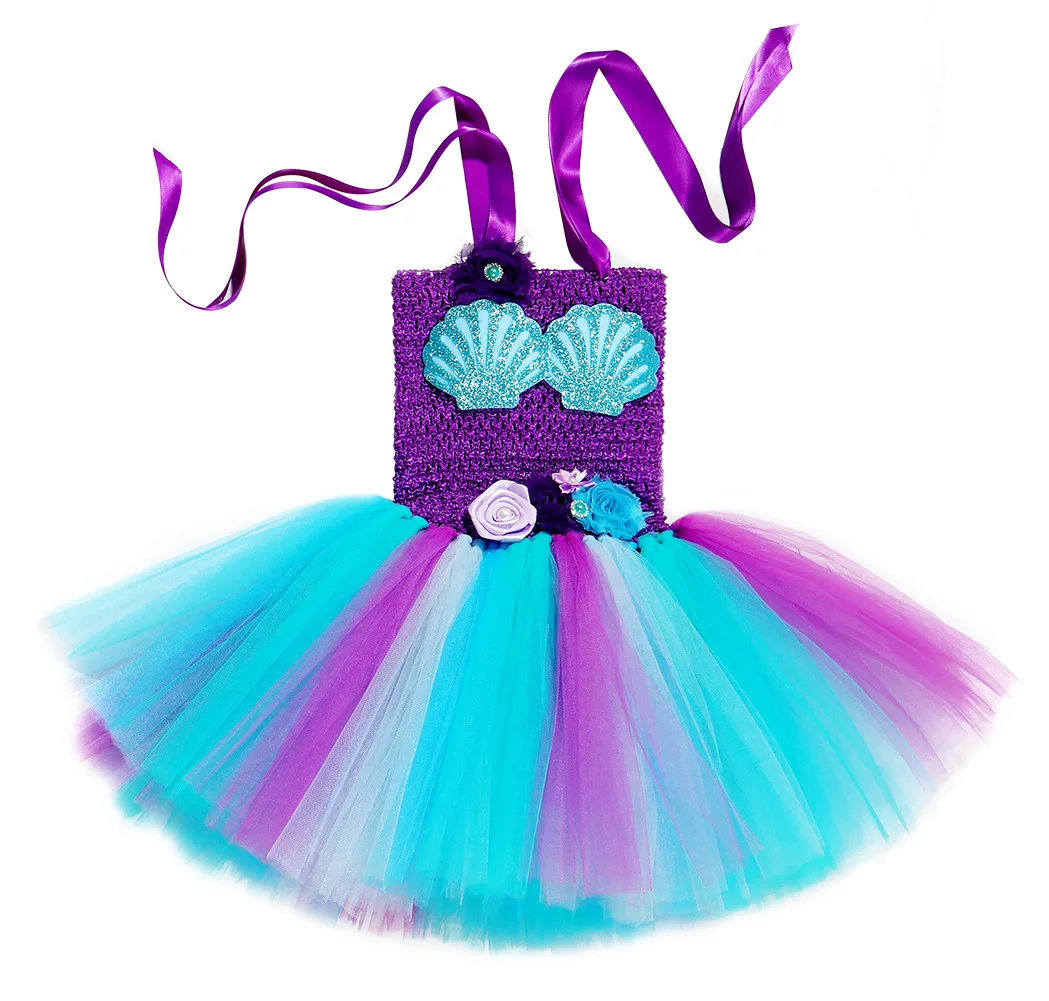Принцесса Ариэль русалка фигура цветок пачка платье Дети Хэллоуин Костюм Русалочка Ариэль косплей платье с ободок с блестками