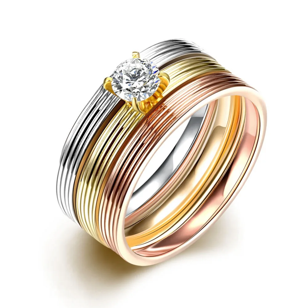 

R029 2016 New Top Quality Titanium European Personality Three Color Circle W/ Big Crystal Stone Titanium Steel Women Men's Ring