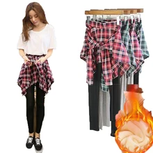 Корейские женские хлопковые повседневные поддельные две части клетчатая рубашка Леггинсы Готическая Нижняя юбка брюки тренировочные Леггинсы для женщин cn38