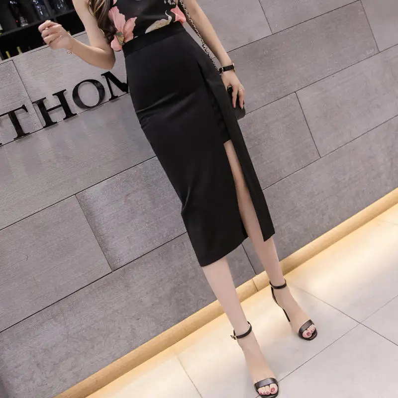 Korobov размера плюс S-5XL черная юбка женские летние юбки средней длины с разрезом модная однотонная трапециевидная юбка повседневные юбки с высокой талией 35699 - Цвет: black skirt