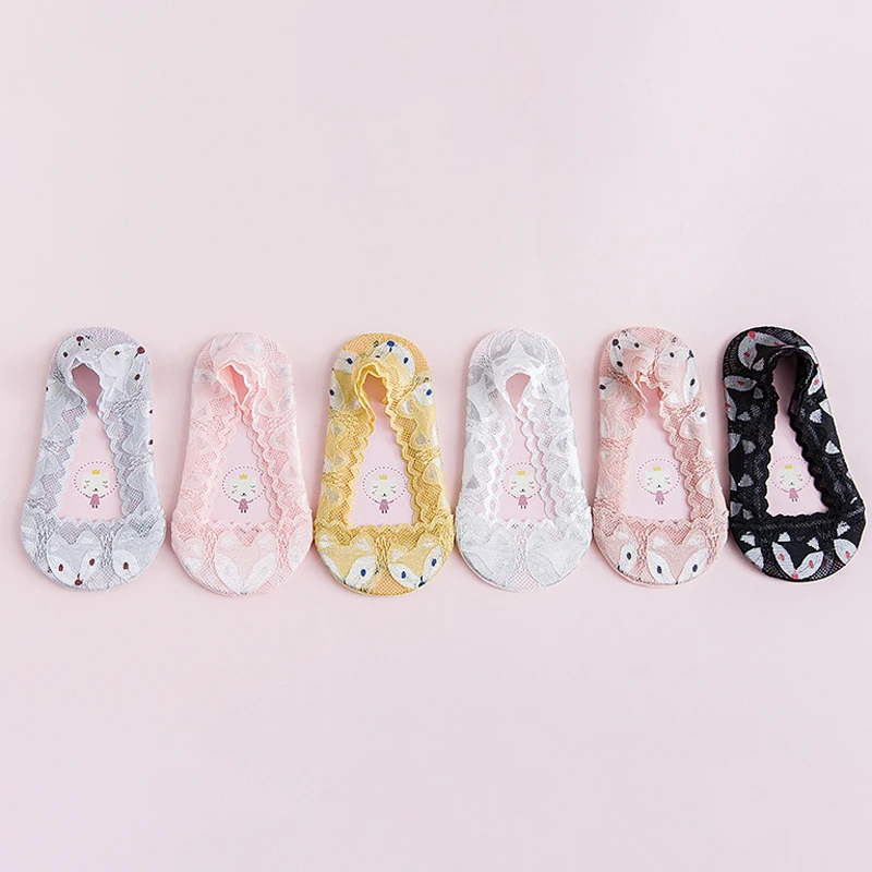 

Spring Summer New Thin Baby Girl Socks Lace Invisible Antiskid Boat Socks Cute Cartoon Fox Multi-colored Children's Socks