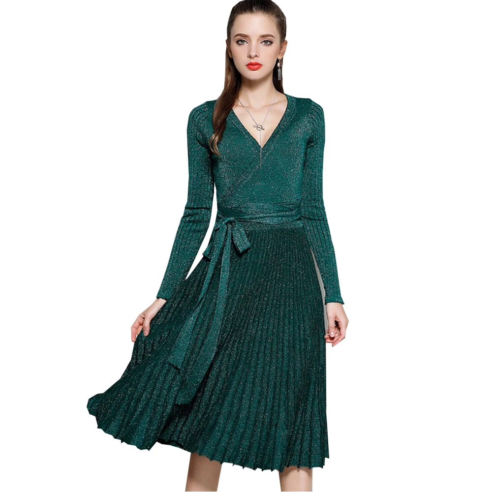 Spring Bright Knitting Dress Women Sexy Belt Knitted Dresses Women V