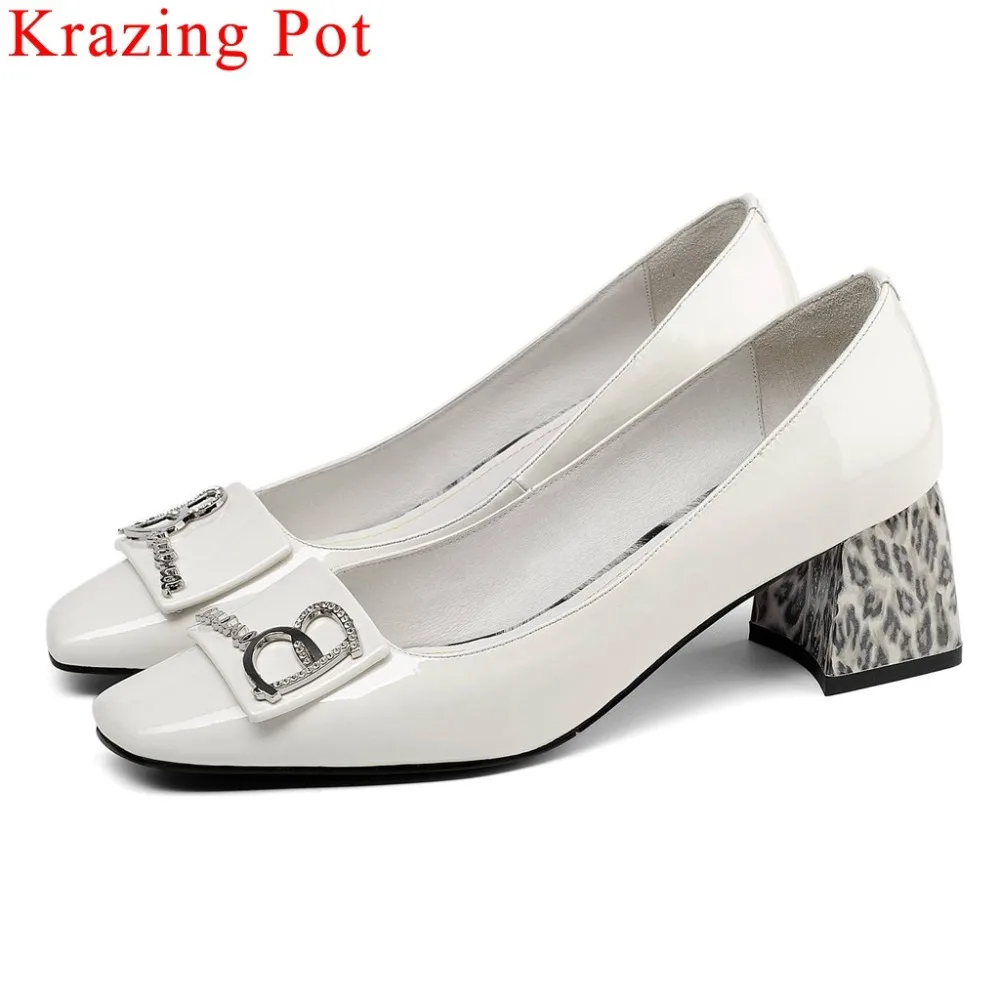 

High fashion clubwear leopard chunky heels slip on crystals metal decoration slip on office lady big size square toe pumps L6f2