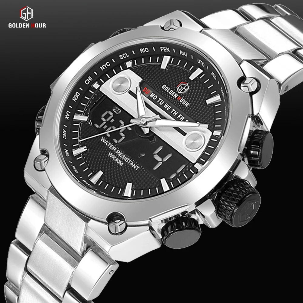 

Watch Men Calendar GOLDENHOUR New Waterproof Quartz Watches Full Stainless Steel 12/24 Military Time Fashion Business Male Clock