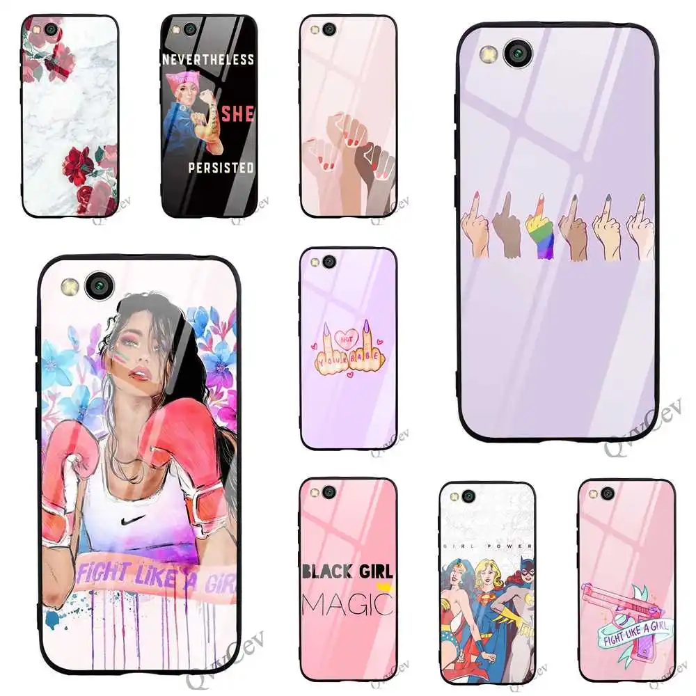 

Ultra Thin Girl Power Tempered Glass Phone Case for Xiaomi Redmi Note 7 Pro Cover A1 A2 Mi 8 9 F1 Lite 4X 6A 5 6 Shell