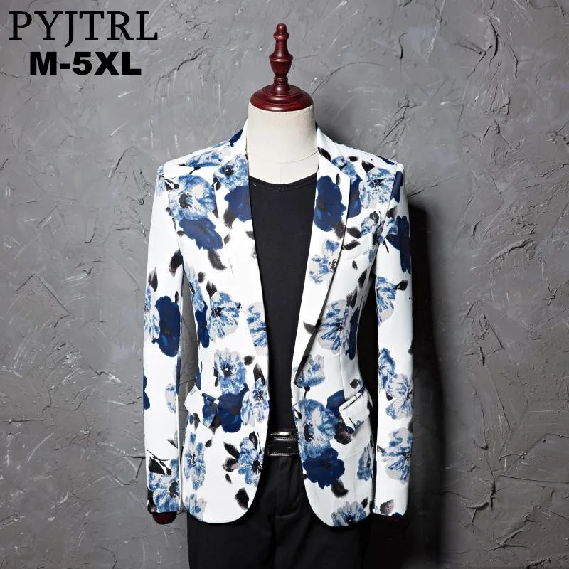 PYJTRL Brand M-5XL Tide Men Fahion Floral Print Slim Fit Blazer Designs Stage Costumes Wear For Singers Bar DJ Male Suit Jacket | Мужская