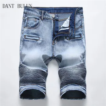 

Ripped Biker Jeans Men Shorts Men's Pleated Blue Denim Shorts for Male Stretch Fashion Zipper Retro Short Pants