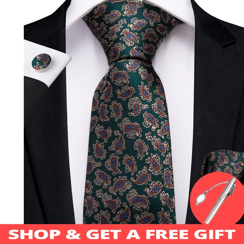 2019 DiBanGu Топ Зеленый Пейсли Для мужчин подарки зажим для галстука Hanky запонки галстук 100% шелковый галстук свадебные деловой галстук комплект