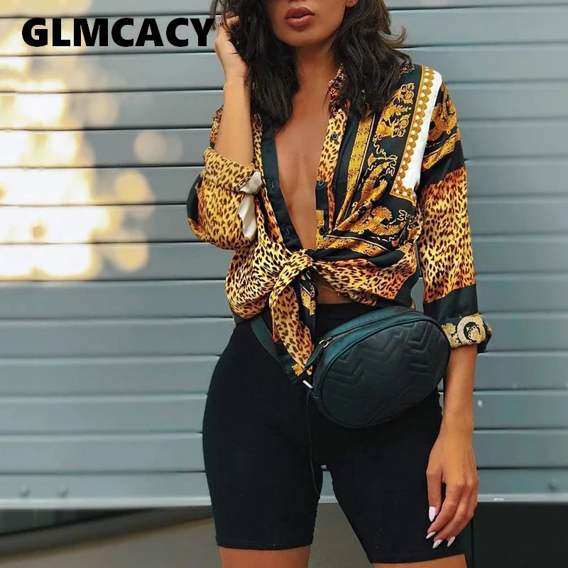 

Women Spring Elegant Short Shirt Ladies Loose Button Down Shirt Turn-down Collar Female Print Knot Front Long Sleeve Blouse Tops