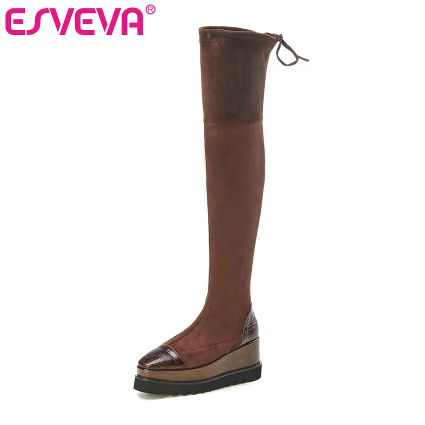 

ESVEVA 2020 Women Women Over The Knee Boots Winter Women Boots Wedge High Heel Elastic band Lace Up Motorcycle Boots Size 34-39