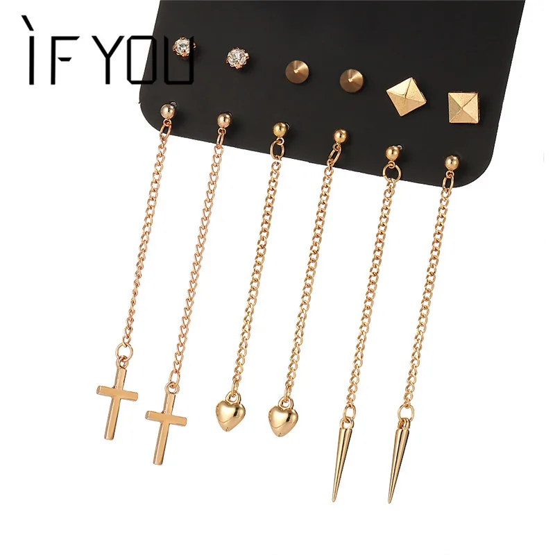 

IF YOU Long Tassel Stud Earrings Set For Women Gold Color Punk Geometry Square Cross Heart Rivet Spike Ear Brincos Jewelry Gift