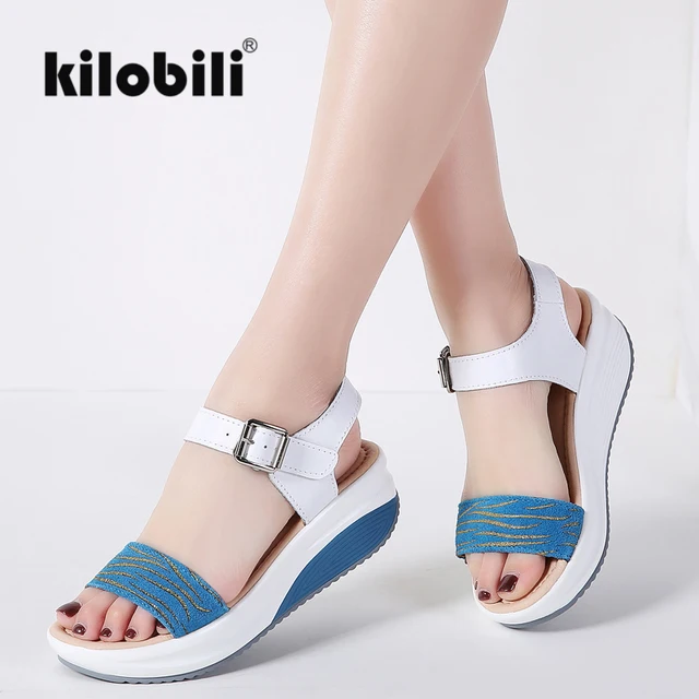 kilobili 2018 Summer Sandals Women Shoes Flats genuine leather platform sandals women bling T strap sandals mature Comfortable