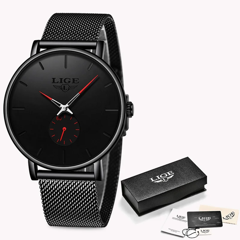 LIGE часы для мужчин лучший бренд класса люкс модные ультра-тонкий сетчатый ремень кварцевые часы для мужчин повседневные водонепроницаемые спортивные часы Relogio Masculino - Цвет: Black Red