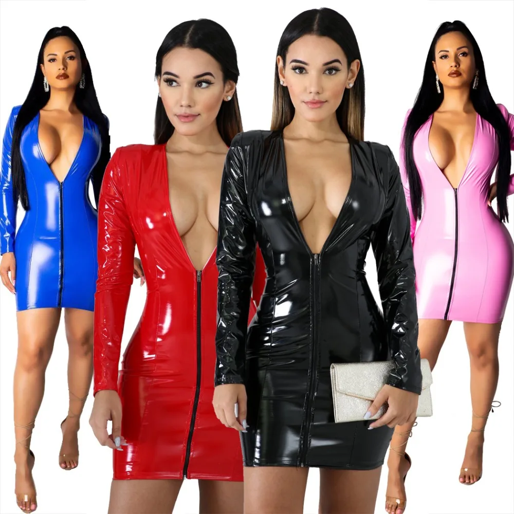 

JRRY Women PU Leather Dresses Zippers Faux PU Leather Dress High Elasticity Sheath Dress Deep V Neck Faux Leather Short Dress