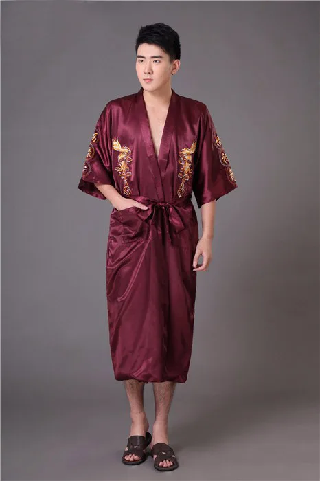Черные мужские кимоно высокого качества, банный халат в китайском стиле, Атласный халат, вышивка, пижама с драконом, пижамы, большие размеры