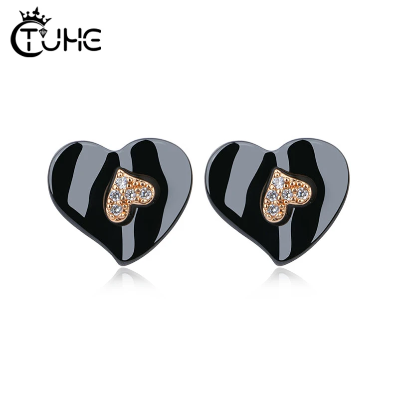 Стразы, милые серьги-гвоздики в форме сердца для женщин, AAA CZ Кристалл, черные серьги-гвоздики из керамики, никогда не выцветает, хорошее ювелирное изделие, подарок