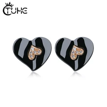 Стразы, милые серьги-гвоздики в форме сердца для женщин, AAA CZ Кристалл, черные серьги-гвоздики из керамики, никогда не выцветает, хорошее ювелирное изделие, подарок