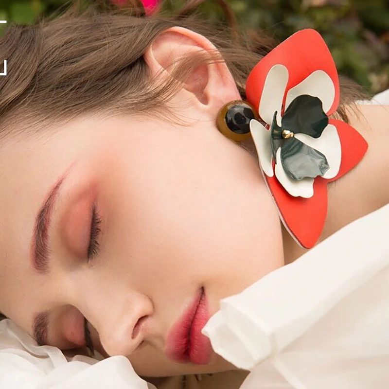

SRCOI Red Exaggerated Big Flower PU Leather Earrings Luxury Elegant Colorful Dangling Woman Earrings Bijoux Christmas Party Gift