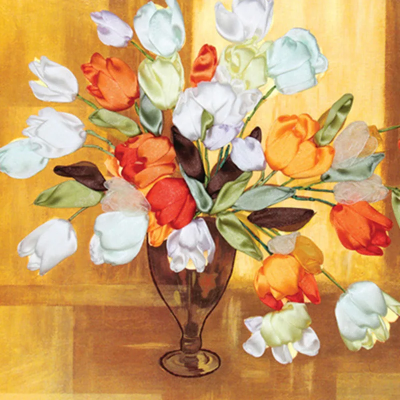 

tulips flowers silk ribbon embroidery 3D canvas painting satin cross stitch kit needlework handcraft gift DIY home wall decorate