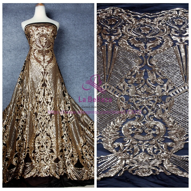 

La Belleza 1Yard gold sequins on stretch net embroidered evening/wedding dress lace fabric 51'' with
