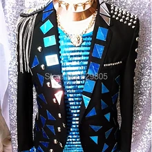 Новая модная мужская Черная куртка с блестками заклепки epaulet кисточки бар сценический костюм для шоу костюм Go-Go боди блейзер верхняя одежда с принтом «Певец»