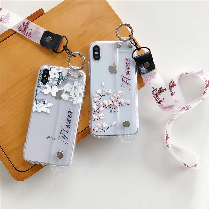 

Fresh Flower Phone Case for Iphone XS MAX XR X 8 7 6 6s Plus 7Plus 8Plus Cases TPU+PC Shell Bracket Wrist Strap&Long Strap Cover