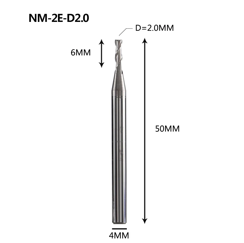 NM-2E Вольфрамовая сталь 2 Флейта с квадратным покрытием Концевая мельница с ЧПУ Фрезерный резак режущие инструменты для обработки меди и алюминиевого сплава - Длина режущей кромки: NM-2E-D2.0