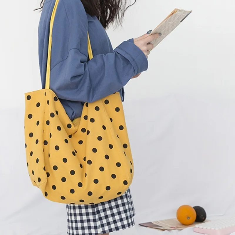 Новинка, женская складная эко сумка для покупок, переносная многоразовая сумка для хранения продуктов, хлопковая Большая вместительная сумка в горошек для студентов OC531